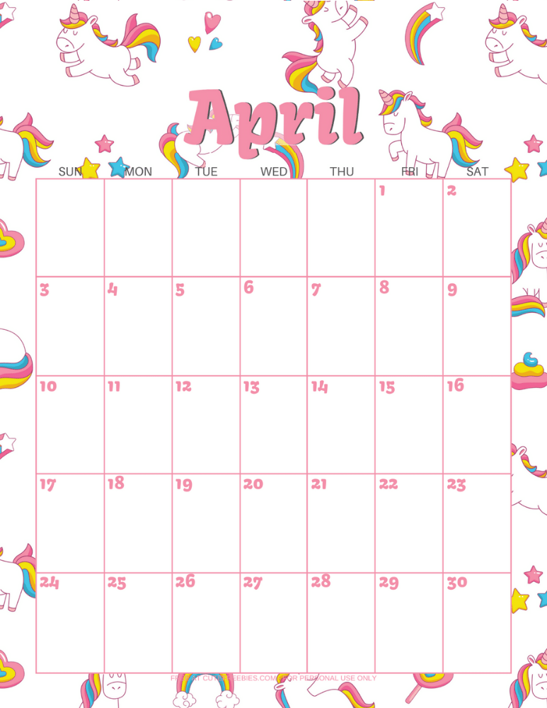 APRIL2022CALENDARPRINTABLEUNICORNS Cute Freebies For You