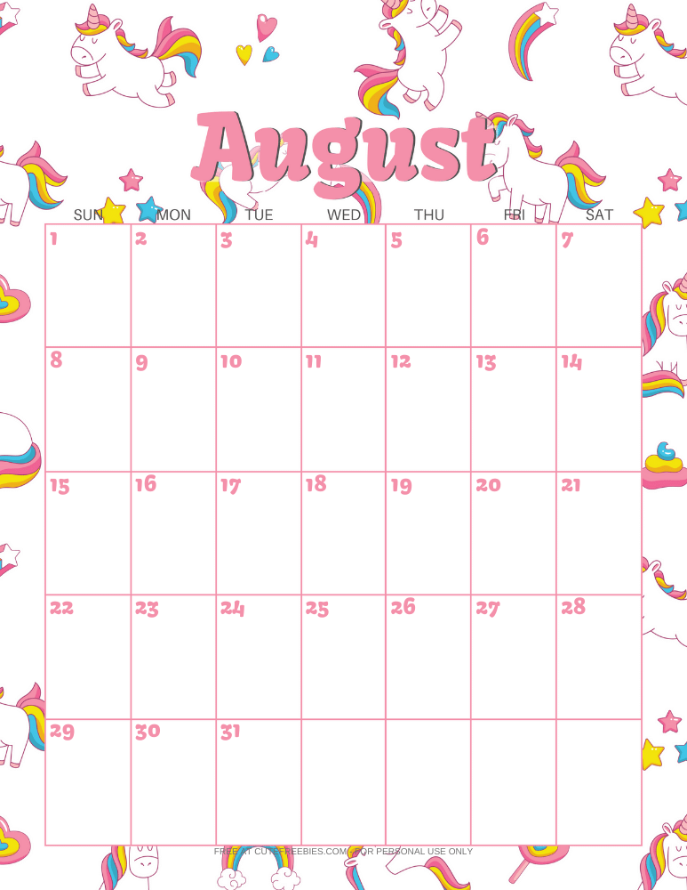 Cute August Calendar Customize and Print