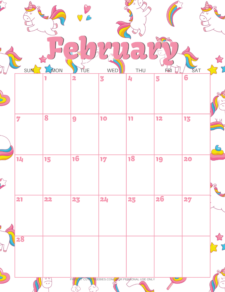 FEBRUARY2021CALENDARPRINTABLEUNICORNS Cute Freebies For You