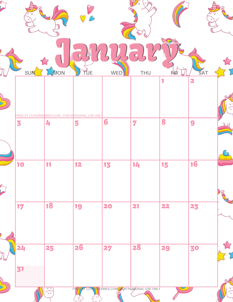 January 2021 Calendar Printable Unicorns Cute Freebies For You