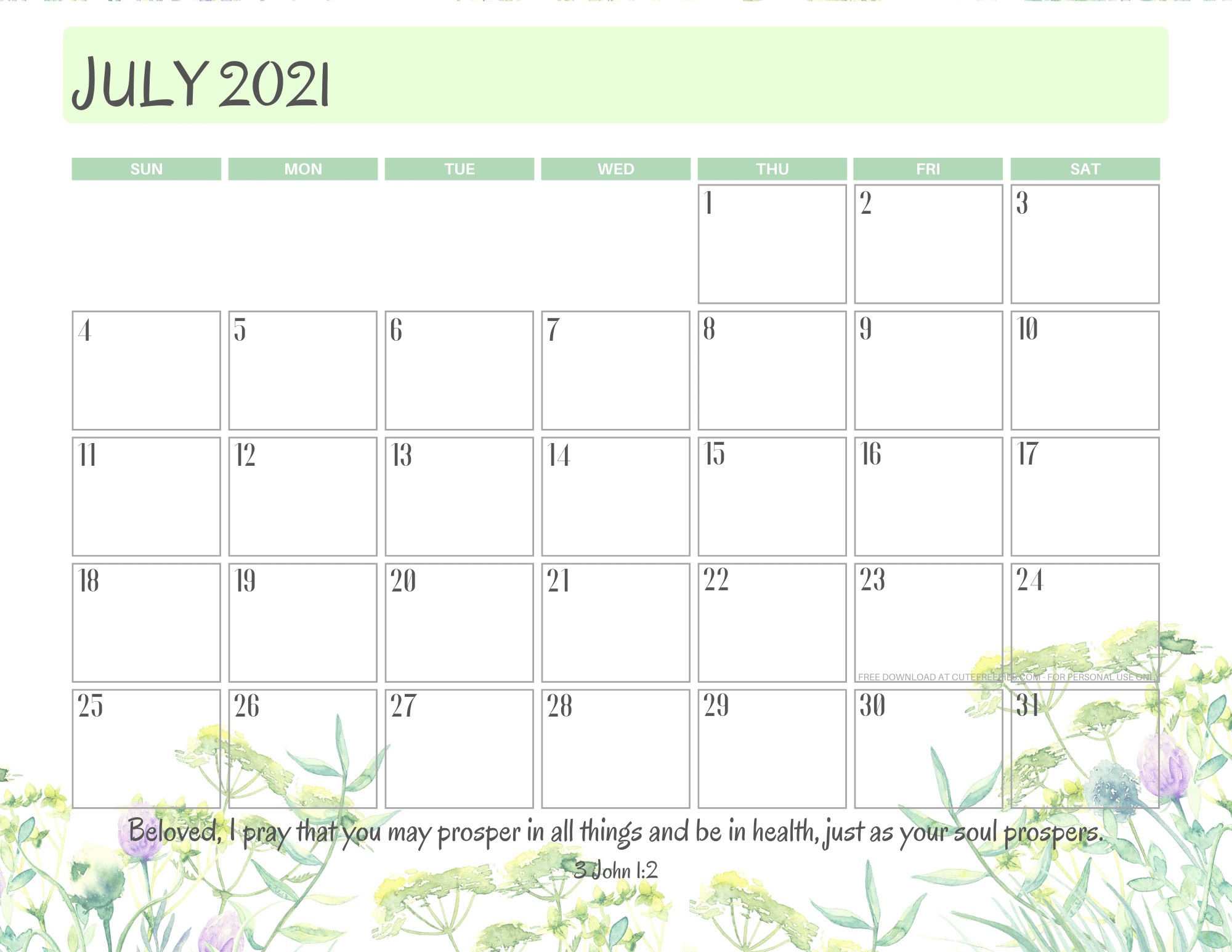 Free Printable July 2021 Calendar