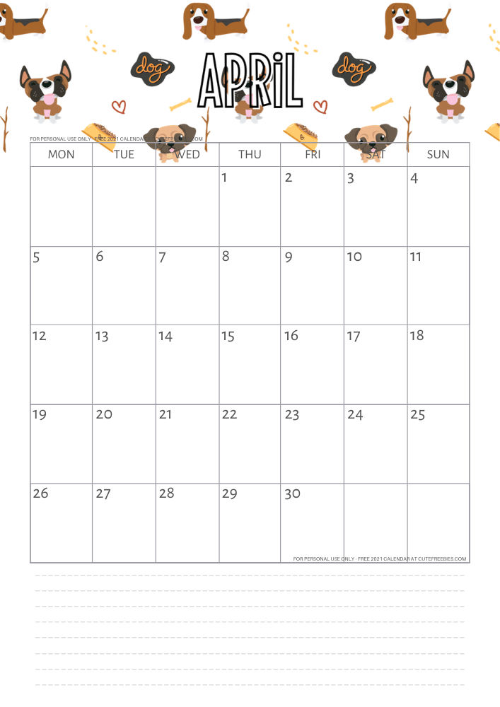 april-2021-printable-calendar-dogs - Cute Freebies For You