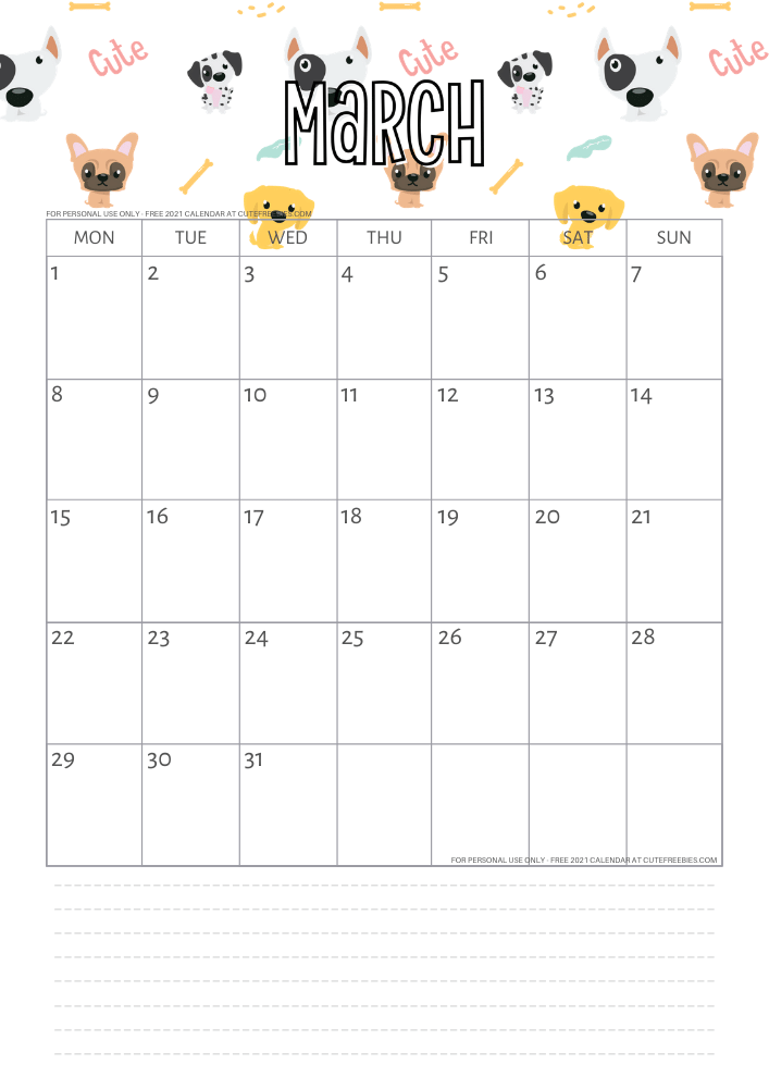 march 2021 printable calendar dogs cute freebies for you