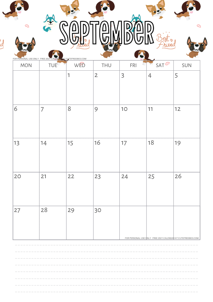 Cute Printable Calendar 2021 September 2022