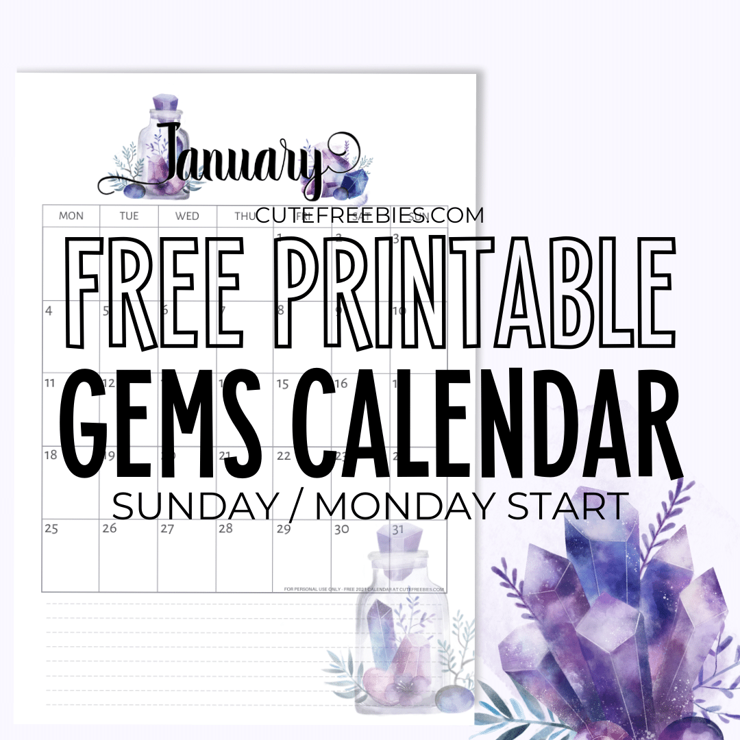 Free Printable 2023 Calendar - Monthly planner printable with crystal gems.Free pdf download now! #cutefreebiesforyou #freeprintable #crystals #bujomonthly #gems