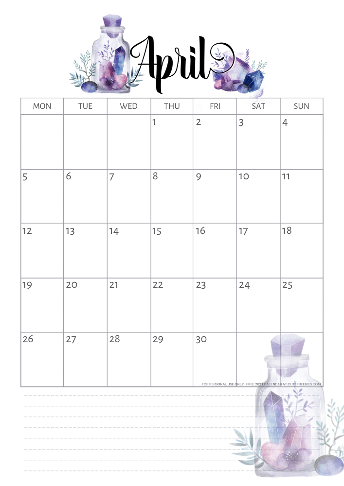 April 2021 Calendar Printable Crystals Cute Freebies For You