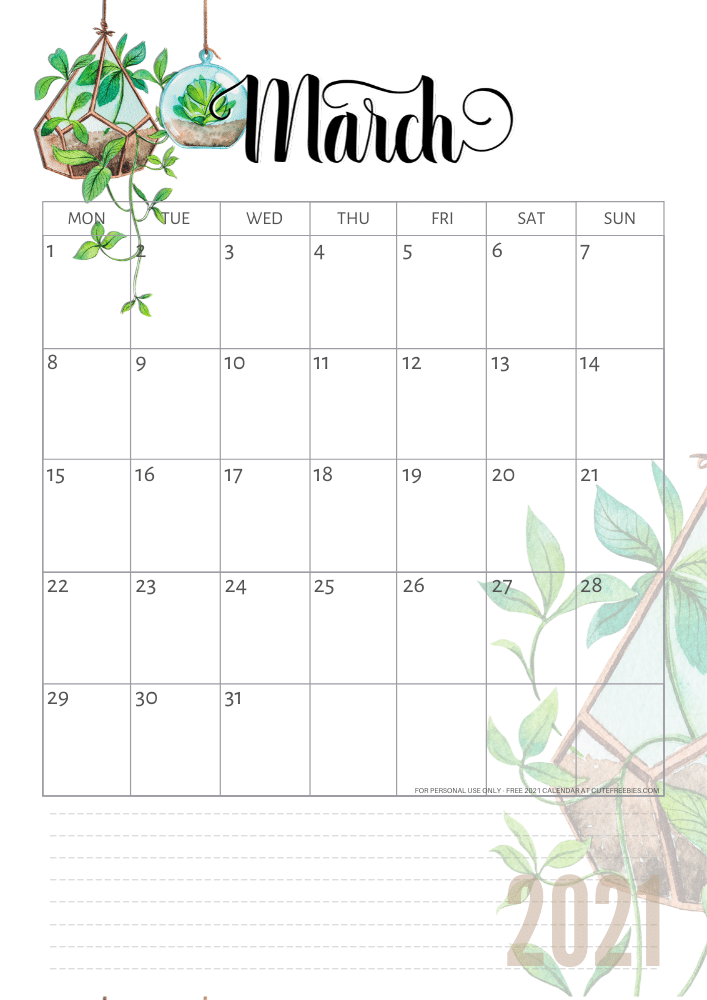 march 2021 calendar plants cute freebies for you