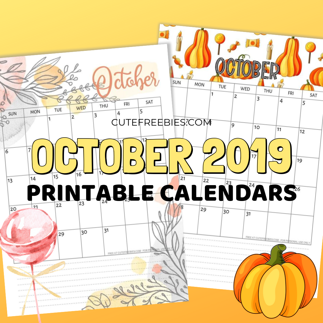 Free Printable October 2019 Calendar - 5 monthly calendars or planners, Sunday or Monday start calendar. Get your free download now! #freeprintable #cutefreebiesforyou #halloween