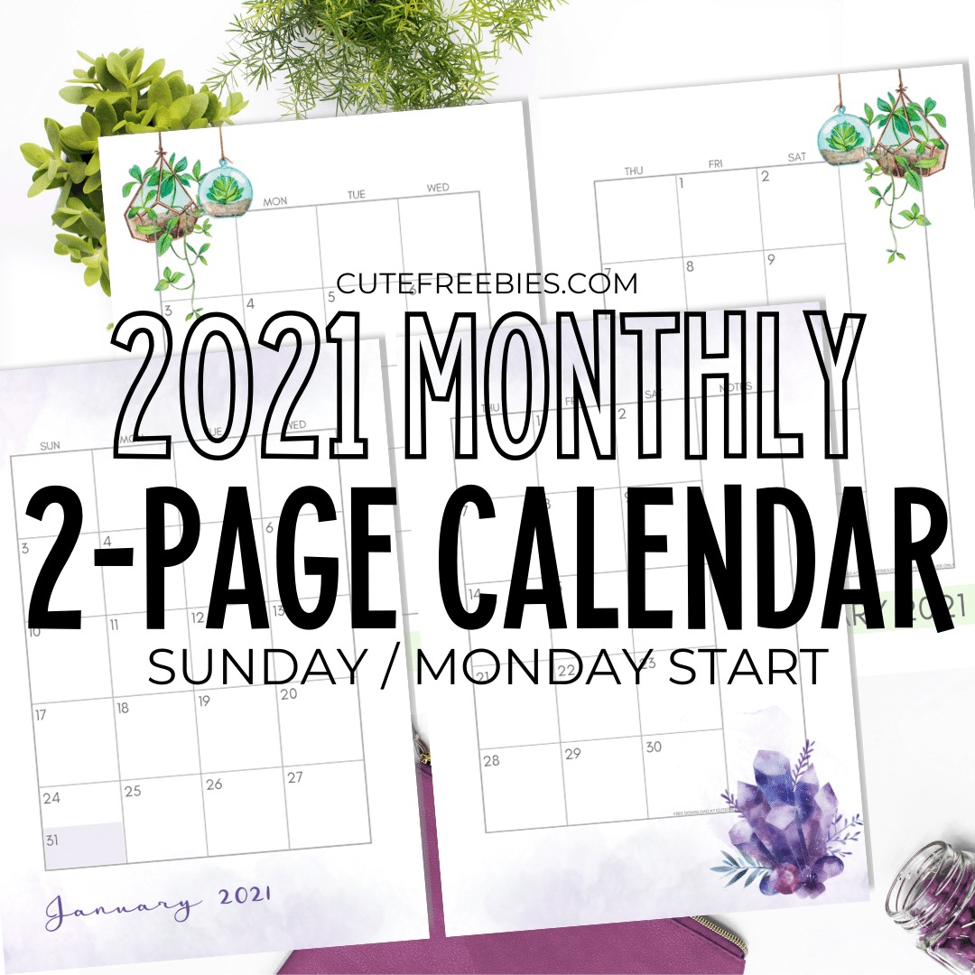 free printable 2 page monthly calendar 2021 2021 Monthly Calendar Two Page Spread Free Printable Cute Freebies For You free printable 2 page monthly calendar 2021