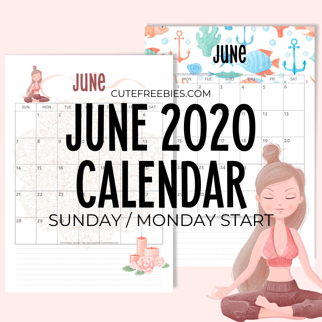 Free Printable June 2020 Calendar PDF - Downloadable monthly calendar Get your free download now! #cutefreebiesforyou #freeprintable #yoga #underthesea #sushi