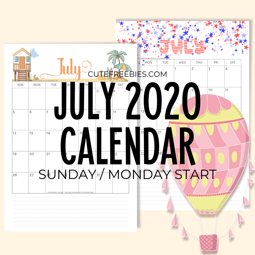 Free Printable July 2020 Calendar PDF - Downloadable monthly calendar Get your free download now! #cutefreebiesforyou #freeprintable #summer