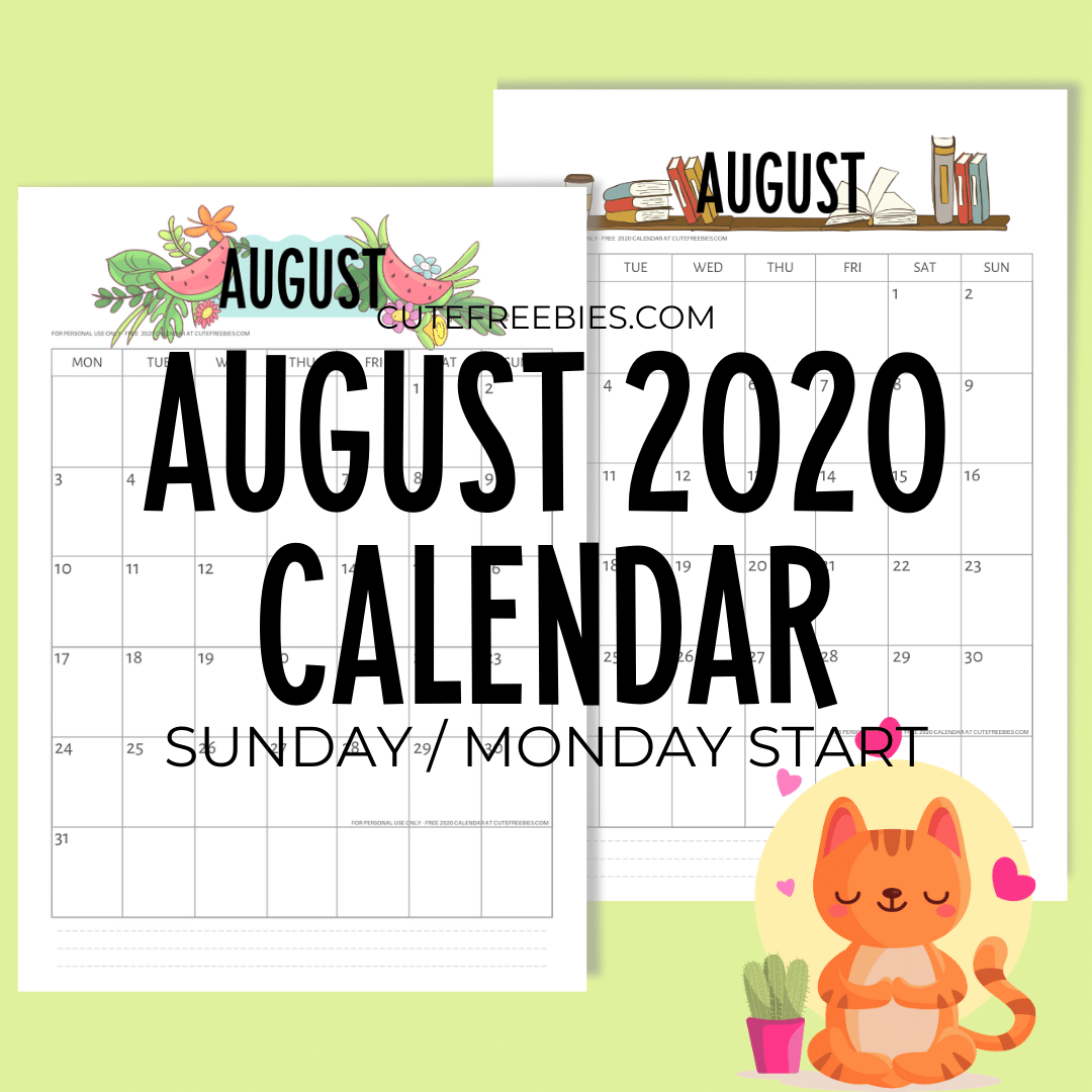 Free Printable AUGUST 2020 Calendar PDF - Downloadable monthly calendar Get your free download now! #cutefreebiesforyou #freeprintable