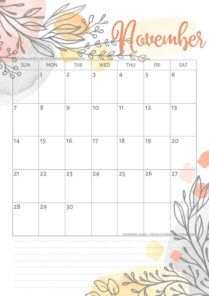 November 2021 Calendar Pretty Printable Template Cute Freebies For You