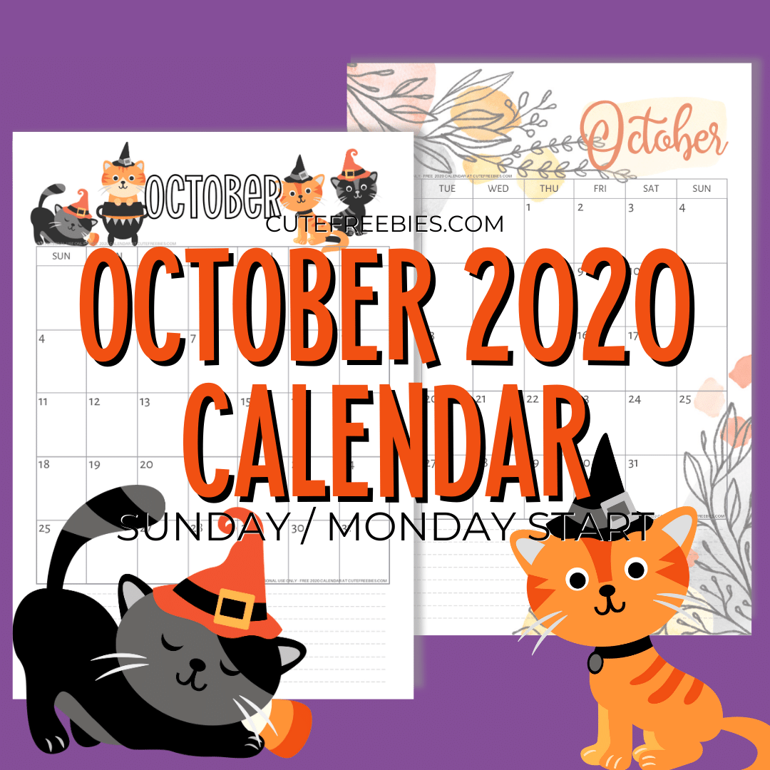 Free Printable OCTOBER 2020 Calendar PDF - with autumn calendar. Downloadable monthly calendar Get your free download now! #cutefreebiesforyou #freeprintable