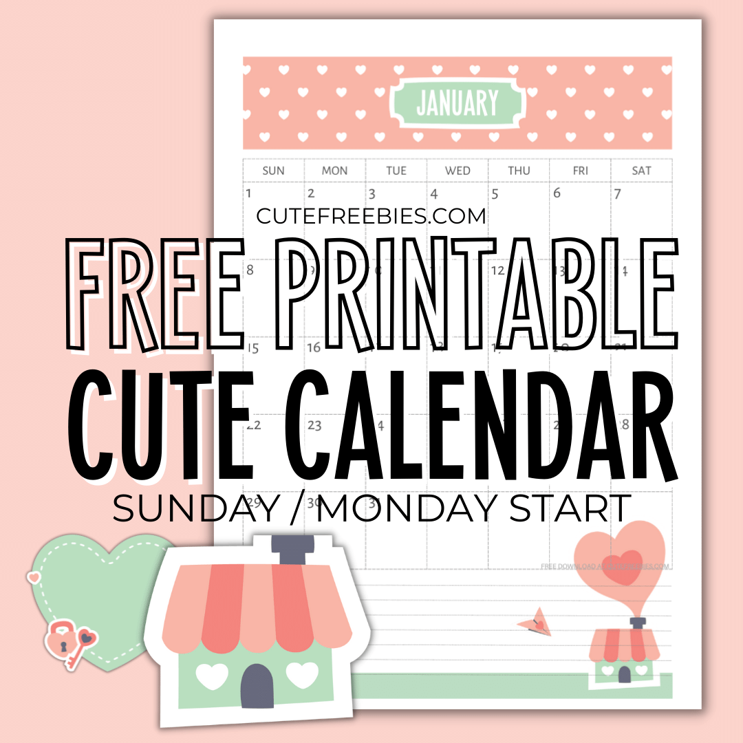 Free Printable Cute 2024 Calendar - cute monthly calendar planner, downloadable PDF, Sunday or Monday start 2024 calendar. #cutefreebiesforyou #freeprintable