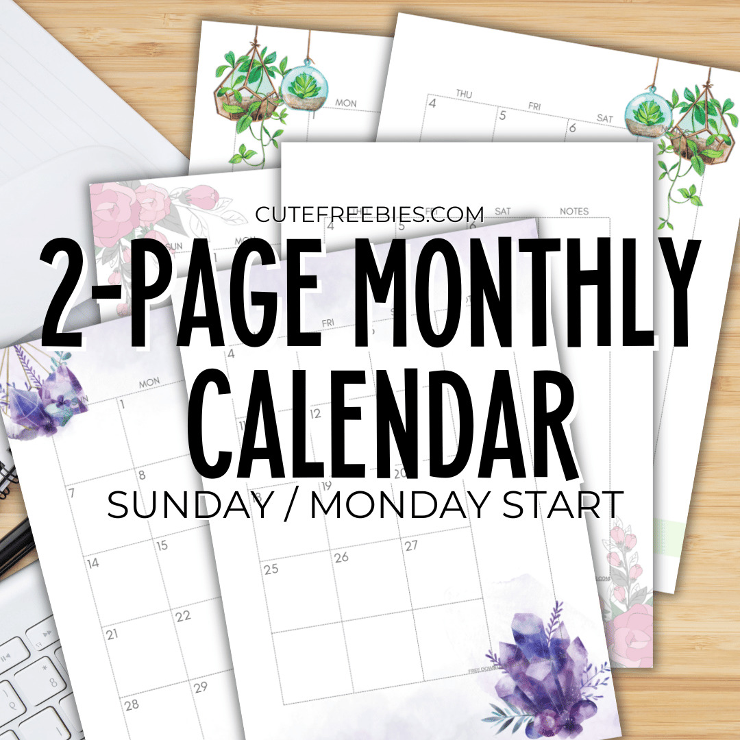 Free Printable 2024 Monthly Calendar two page spread, calendar in two pages. Get your free PDF download now! #freeprintable #cutefreebiesforyou #crystals #hangingplants #diyplanner #homebinder