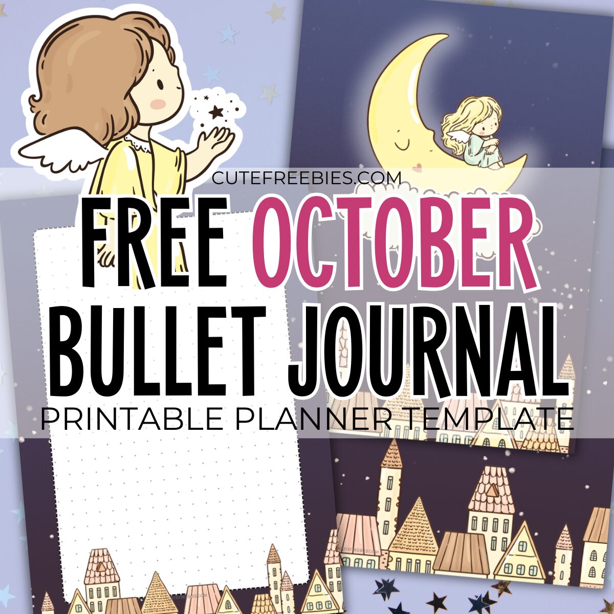 Free printable October bullet journal PDF template with angel night theme