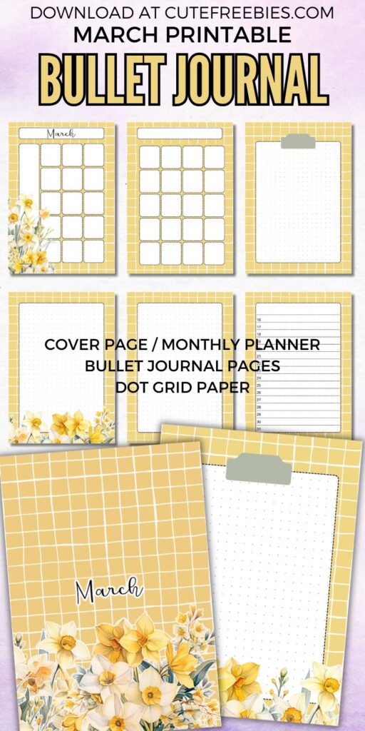 Free printable monthly bullet journal PDF template with birth flowers theme, download for free