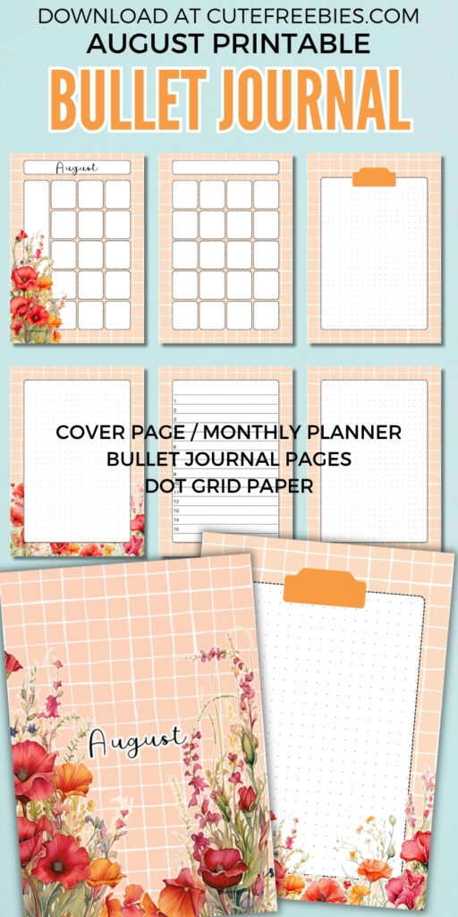 Free printable monthly bullet journal PDF template with birth flowers theme, download for free, august poppies journal