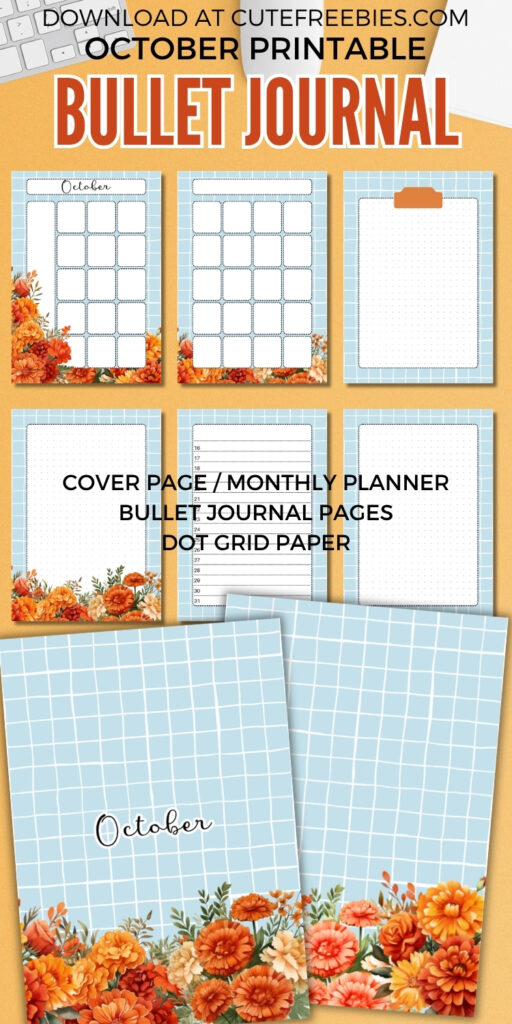 Free printable monthly bullet journal PDF template with birth flowers theme, download for free, OCTOBER MARIGOLD planner