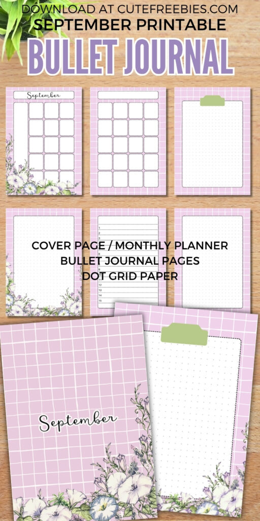Free printable monthly bullet journal PDF template with birth flowers theme, download for free, SEPTEMBER MORNING GLORY planner